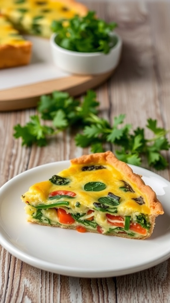 A slice of crustless vegetable quiche with spinach and bell peppers on a plate, garnished with herbs.